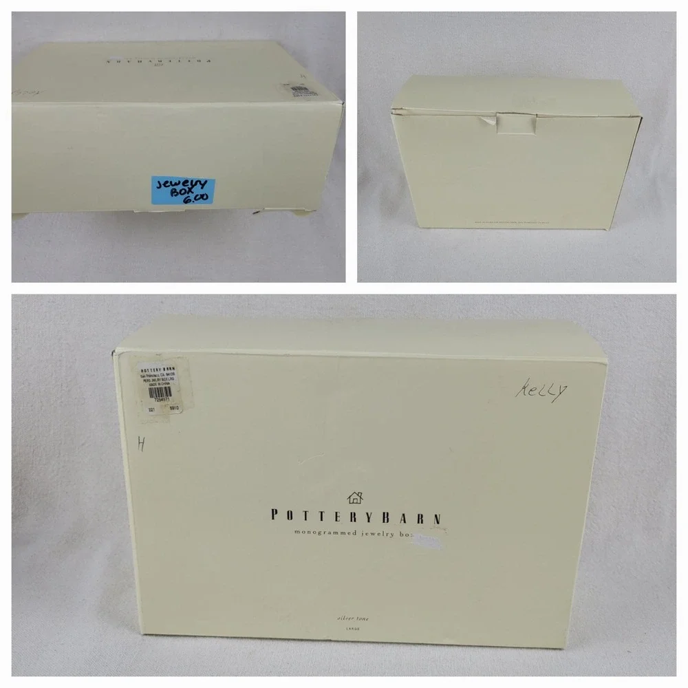 Pottery Barn Silver Tone Monogrammed Kelly Jewelry Box Large Black Velvet Lining